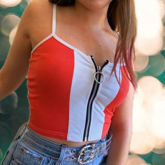 Red, Striped Crop Top with Super Cute Zipper! - Picture 2 of 2